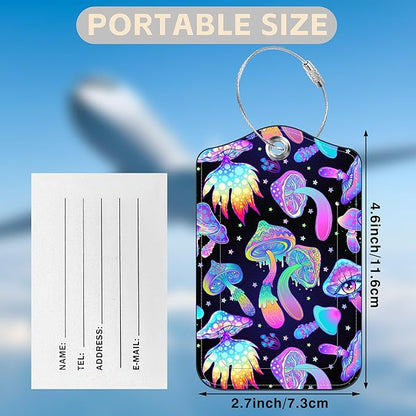 Colorful Mushrooms Set of 2 Luggage Tags for Suitcases Leather Suitcase Tags Identifiers with Privacy Name Address Label and Stainless Steel Loop for Women Men Travel Luggage Accessories