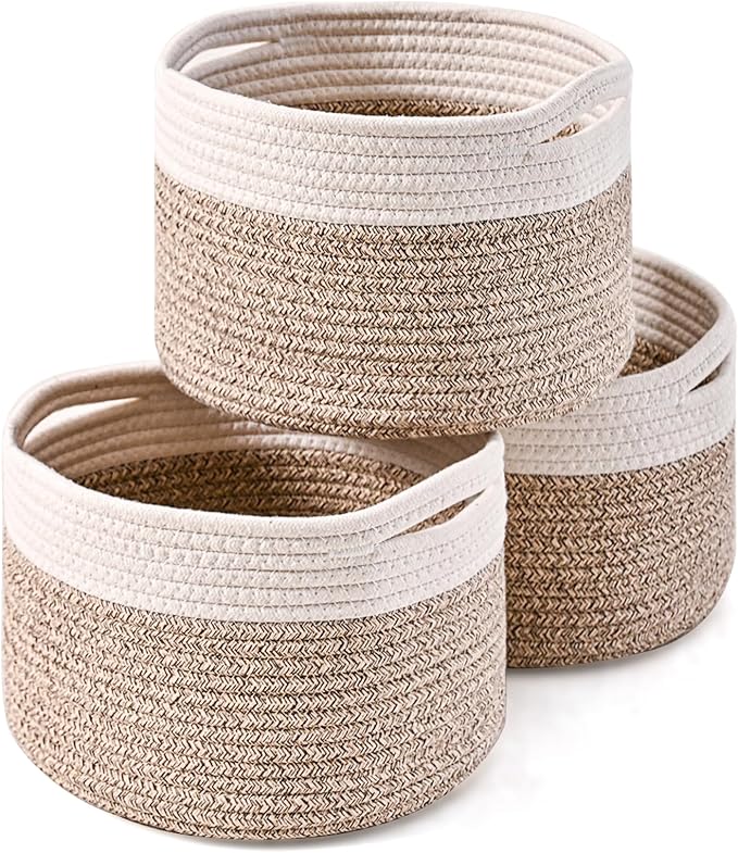 Small Storage Baskets for Organizing, Organizer Baskets for Shelves, Small Woven Basket for Storage, Cute Brr Basket for Gifts Empty, 9.7"×9.7"×7" (3 Packs) Off White & Brown