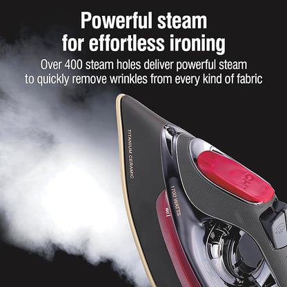 CHI Steam Iron for Clothes with 8’ Retractable Cord, 1700 Watts, 3-Way Auto Shutoff, 400+ Holes, Professional Grade, Temperature Control Dial, Titanium Infused Ceramic Soleplate, Black/Chrome (13109)