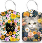 2 Pack Luggage Tags for Suitcases Cute Cat with Colorful Flowers Leather Luggage Tags Privacy Cover ID Label with Stainless Steel Loop and Address Card for Women Men Travel Bag Backpack