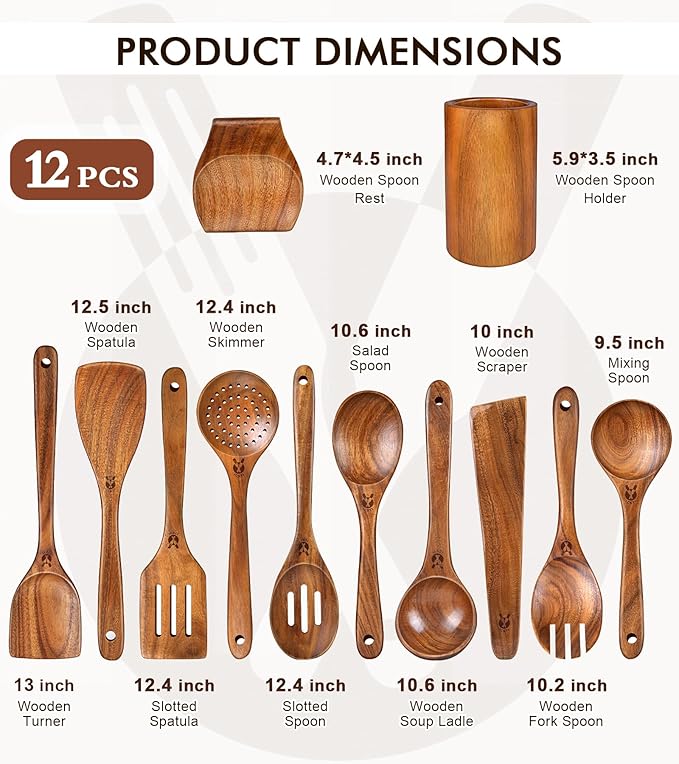 12 Pcs Teak Wooden Utensil Set with Holder & Spoon Rest, Wooden Spoons for Cooking with Comfort Grip, Wooden Cooking Utensils Set for Nonstick Cookware, Lightweight & Heat Resistant Kitchen Utensils