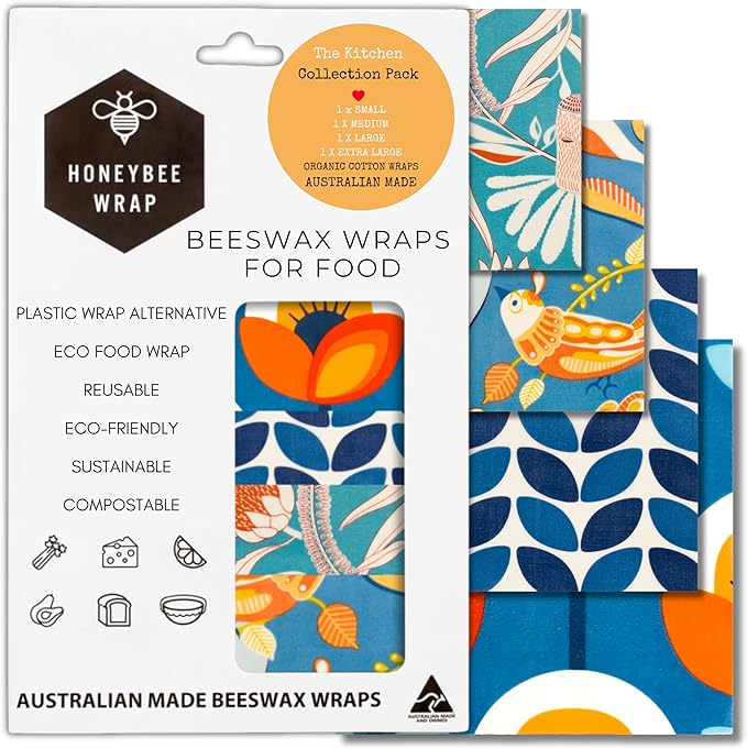 Beeswax Wraps for Food - The Kitchen Collection - Organic Cotton Beeswax Wrap - Reusable Beeswax Food Wrap - Plastic Wrap/Sandwich Bags Alternative - 4 Pack, S, M, L & XL