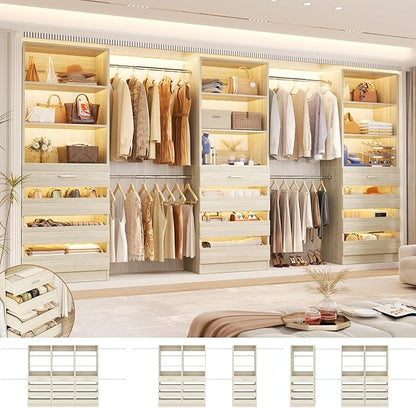 Aheaplus Closet System with 12 Drawers, 8.5-11.5Ft Wood Closet Organizer System with 4 Hanging Rods & 3 Towers, 4Ft & 6Ft L-Shaped Walk-in Closets Wardrobe Organizer Clothes Rack, Set of 3, White Oak