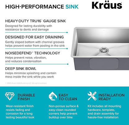 KRAUS Standart PRO 28-inch 16 Gauge Undermount Single Bowl Stainless Steel Kitchen Sink, KHU100-28