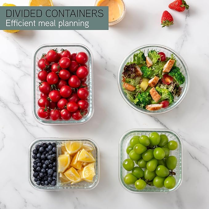COOK WITH COLOR Premium 32-Pc. Borosilicate Glass Food Container Set with Dividers - 4 Rectangles, 8 Rounds, 4 Squares - Leakproof Lids - Meal Prep, Storage, Fluted Ombre Green