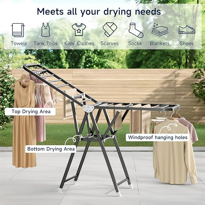 MIKEE Clothes Drying Rack,Stainless Steel Foldable Laundry Drying Rack for Indoor & Outdoor Use，with Height-Adjustable Wings，2-Tier Clothes Rack with Windproof Hanging Holes and Wheels，132 lbs