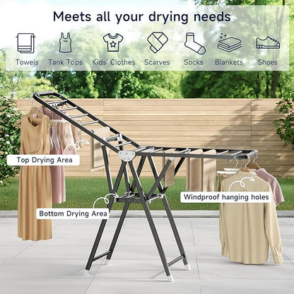 MIKEE Clothes Drying Rack,Stainless Steel Foldable Laundry Drying Rack for Indoor & Outdoor Use，with Height-Adjustable Wings，2-Tier Clothes Rack with Windproof Hanging Holes and Wheels，132 lbs