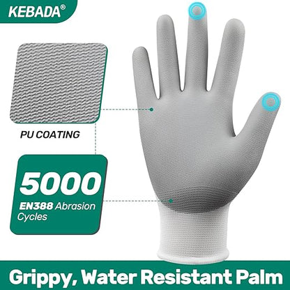 Kebada W1 Work Gloves for Men and Women, 12 Pairs Touchscreen Safety Gloves with Grip, PU-Coated, Ideal for Light & Medium Duty Tasks, White, XX-Large