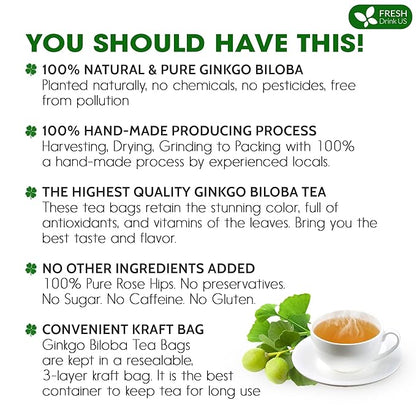 FreshDrinkUS, Premium 30 Ginkgo Biloba Leaf Tea Bags, 100% Natural & Pure from Ginkgo Biloba Leaves. Loose Leaf Herbal Tea. Made with Eco-Conscious Tea Bags. No Sugar, No Caffeine, No Gluten, Vegan.
