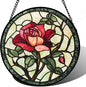 Stained Glass Window Hanging, Red Rose Flowers Sun Catcher for Door Garden Home Decor Suncatcher Christmas Mother's Day Birthday Gifts for Women Lovers Men Wife Girlfriend Mom Nana 7.8 in
