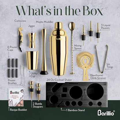 Barillio Gold Bartender Kit - Stainless-Steel Cocktail Shaker Set w/Black Bamboo Stand - Mixology Bar Tools w/Drink Shaker, Mixer, and Muddler for Cocktails - Home Bar Accessories - 23-Pc Bar Set