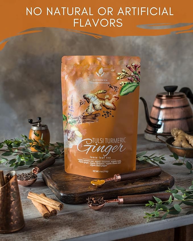 Organic Turmeric Ginger Tulsi Chai Tea | Loose Leaf | Ayurvedic Superfood Blend | Herbal and Caffeine-Free | 55+ Cups | KSA Kosher | 4 oz