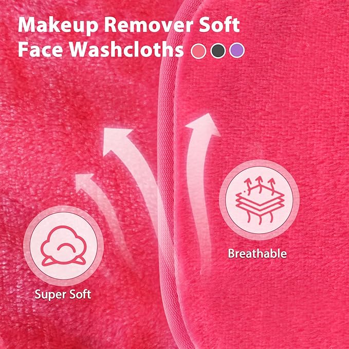 Makeup Remover Cloth, 6" x 6" Make Up Towels Reusable Face Cloth for Washing Face, 12 Pack Makeup Remover Pads Microfiber Face Washcloth with Mesh Bag, Just Water, Grey/Purple/Pink