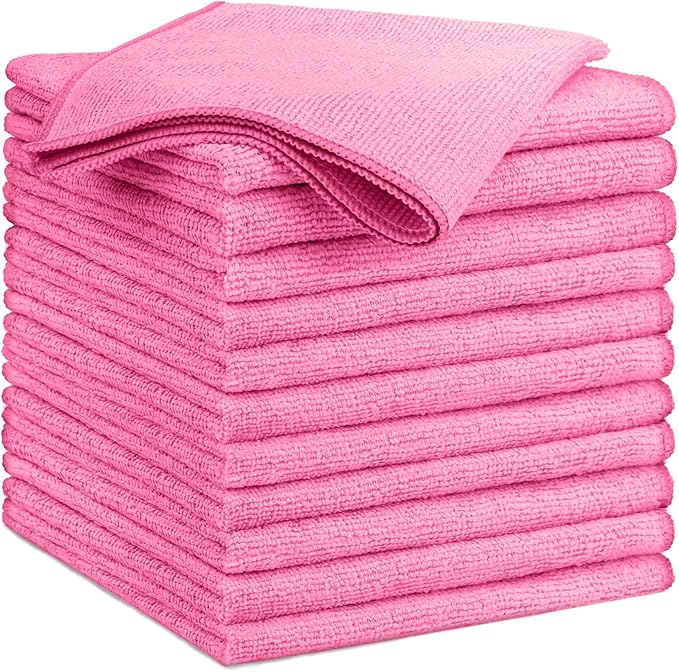 GLIMGLINT Pink Microfiber Cleaning Cloth, 12 Pack Cleaning Towels for Kitchen, Lint Free, Scratch-Free, Highly Absorbent, and Reusable Cleaning Rags for House, Window and Glass, Cars, 14"X12"