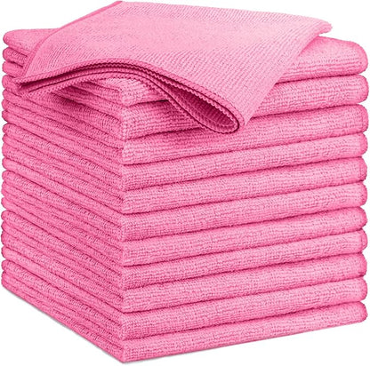 GLIMGLINT Pink Microfiber Cleaning Cloth, 12 Pack Cleaning Towels for Kitchen, Lint Free, Scratch-Free, Highly Absorbent, and Reusable Cleaning Rags for House, Window and Glass, Cars, 14"X12"