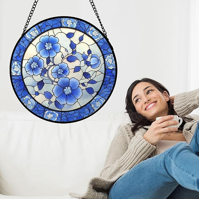 Stained Glass Window Hanging, Blue and White Plum Blossom Sun Catcher for Door Home Decor Flowers Suncatcher Christmas Mother's Day Birthday Gifts for Women Men Mom and Nana 11.8 in