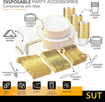 SUT 350 PCS Elegant White and Gold Disposable Dinnerware Set