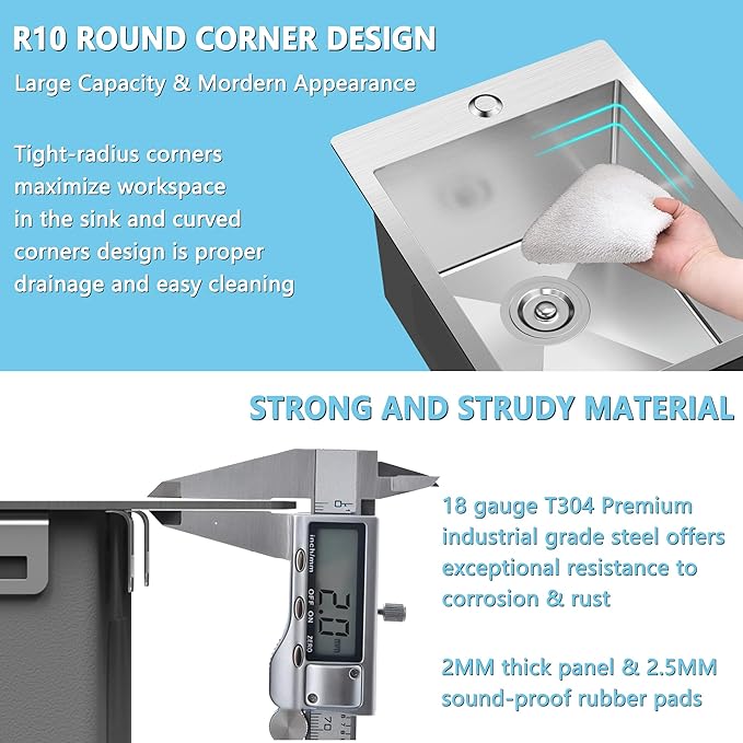 15x20 inch Drop in Bar Sink, 15 inch Small Kitchen Sink 18 Gauge Single Bowl Stainless Steel Topmount Bar Sink with Basket Strainer Drain & Bottom Grid