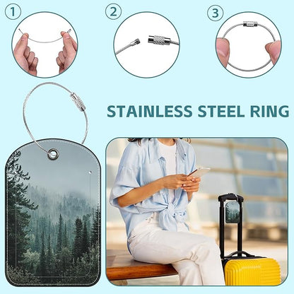 Misty Valley and Dark Forest Luggage Tag for Suitcase Set of 2 PU Leather Cute Luggage Tags with Stainless Metal Loop ID Label Privacy Flap Suitcase Tags for Women and Men Travel