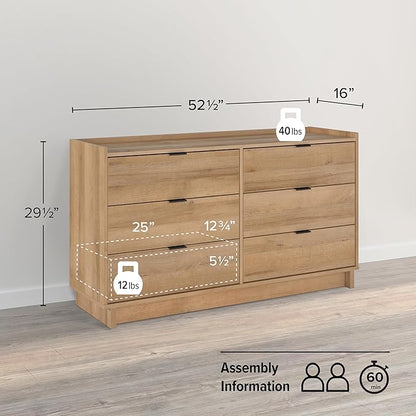 Prepac Simply Modern 6-Drawer Double Dresser for Bedroom, Chest of Drawers, Modern Bedroom Furniture, 52.5” Wide x 16” deep x 29.5” Tall, Oak