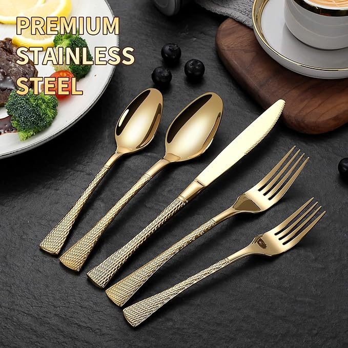 Lemeya Hammered Gold Silverware Set,20 Piece Modern Flatware Set Service for 4,Mirror Polished Stainless Steel Cutlery Set Utensil Set Tableware Set,Kitchen Knives Forks Spoons Set,Dishwasher Safe