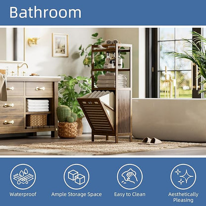 HITNET Bamboo Tilt Out Laundry Hamper, Bathroom Storage Cabinet with Hidden Removable Basket and 3 Open Shelves, Space Saving Bamboo Storage for Clothes, Towels and Toys, Walnut