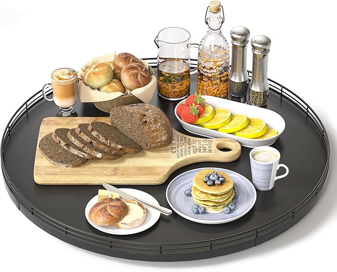 18" Oak Wooden Lazy Susan Turntable for Dining Table, Large Round Lazy Susans Organizer for Kitchen Countertop, Tabletop 360°Rotating Tray for Spice Organization and Storage Black Home Decor