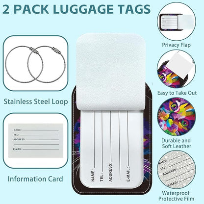 Colorful Cat Luggage Tag for Suitcase Set of 2 PU Leather Cute Luggage Tags with Stainless Metal Loop ID Label Privacy Flap Suitcase Tags for Women and Men Travel