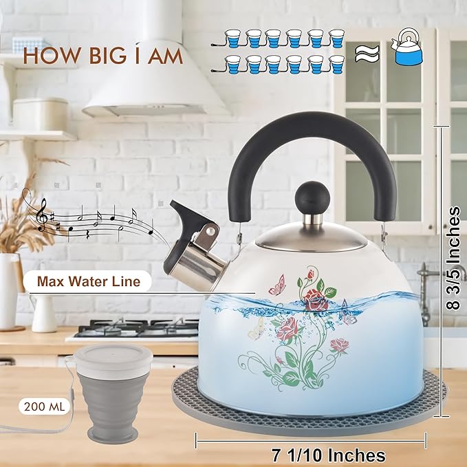 ARC Stainless Steel Whistling Tea Kettle, Magic Color Changing Design 2-Quart Stovetop Kettle Whistle White Teapot with Folding Cup & Trivet Mat