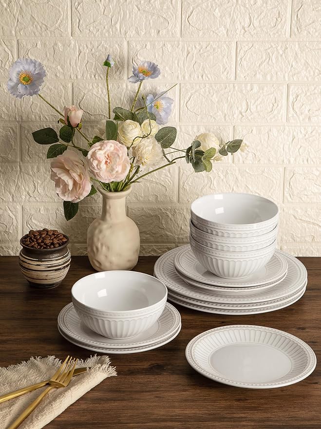 Famiware Ceramic Plates and Bowls Sets, Embossed Dishes Dinnerware