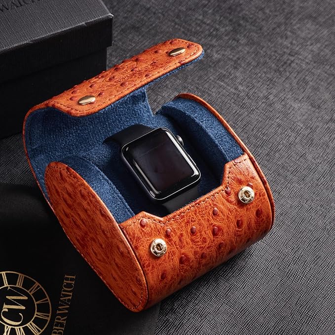 Genuine Napa Leather Watch Roll Travel Case - Travel Watch Rolls and Leather Watch Display Cases with Velvet Interior - Watch Storage Organizer Men's By CALIBERWATCH (Cognac - Single)