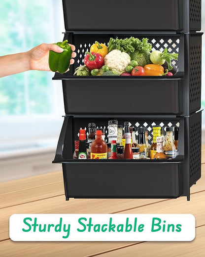 Skywin Plastic Stackable Storage Bins for Pantry - 3 Pack, Black Stackable Bins For Organizing Food, Kitchen, and Bathroom Essentials