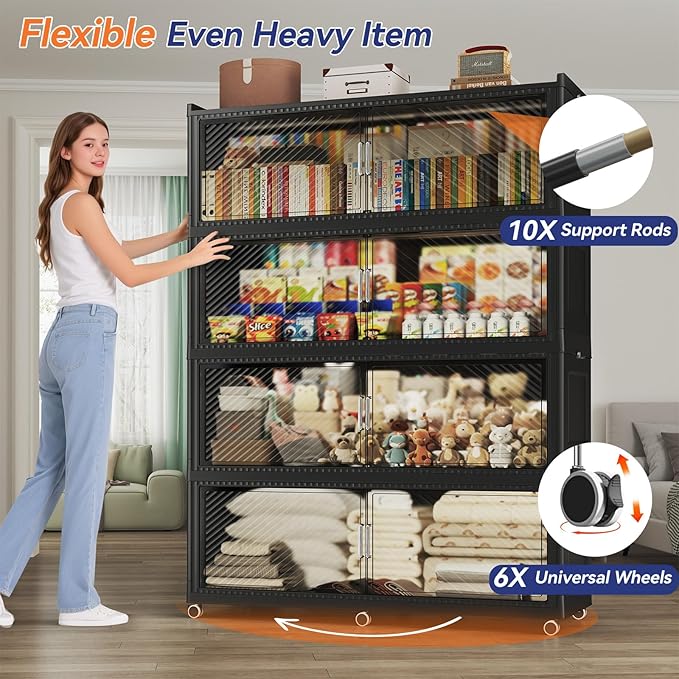 200 Gallon Extra Large Collapsible Storage Bin with Lid, 800QT Stackable Plastic Organizer with 6x Wheels, Foldable Drawer Cabinet for Closet, Living Room Office Dorm 4Pack, Black