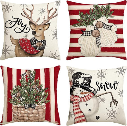 AVOIN colorlife Christmas Snowman Reindeer Gloves Eucalyptus Red Throw Pillow Covers, 18 x 18 Inch Winter Holiday Stripes Cushion Case Decoration for Sofa Couch Set of 4
