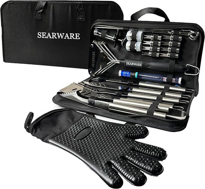 Barbecue Grill Tool Set - Stainless Steel - Strong Durable Design - Heat Resistant Glove & Bristle Free Grill Brush - Thermometer, Meat Injector, & Corn Skewers - Perfect For Smokers & Grills