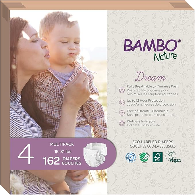 Bambo Nature Hypoallergenic Baby Diapers, Eco-Labelled Sustainable Diapers, Enhanced Leakage Protection, Totally Chlorine-free, Skin Friendly, and Super Absorbent - Size 4 (162 Count)