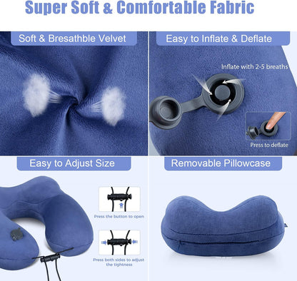 urophylla Inflatable Travel Neck Pillow for Airplanes, Super Soft Velvet Neck Support, Adjustable Firmness, Blow Up Plane Pillow for Long Flights, Road Trips, Travel Essentials with Eye Mask, Earplug
