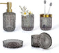 Gray Bathroom Accessories Set, 5Pcs Clear Glass Bathroom Sets, Soap Dispenser, Soap Dish, Toothbrush Holder Set, Cotton Swab Jar, Black and Gold Accent for Vintage Bathroom Decor, Gift Set