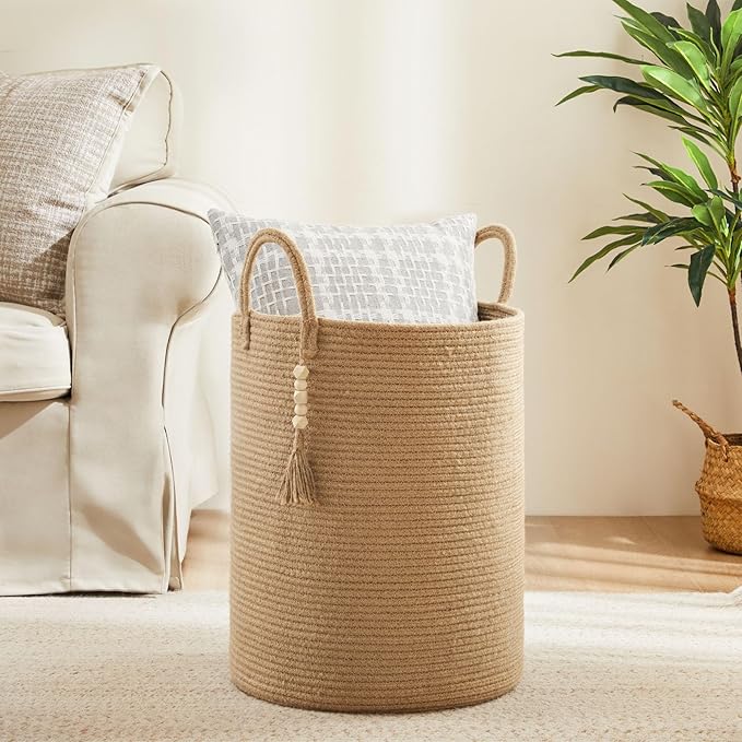 Jute Woven Rope Laundry Hamper, Tall Laundry Basket for Blanket Storage, Large Dirty Clothes Hamper for Toys, Decorative Baby Nursery Hamper for Bedroom, Living Room - Jute Brown, 72L