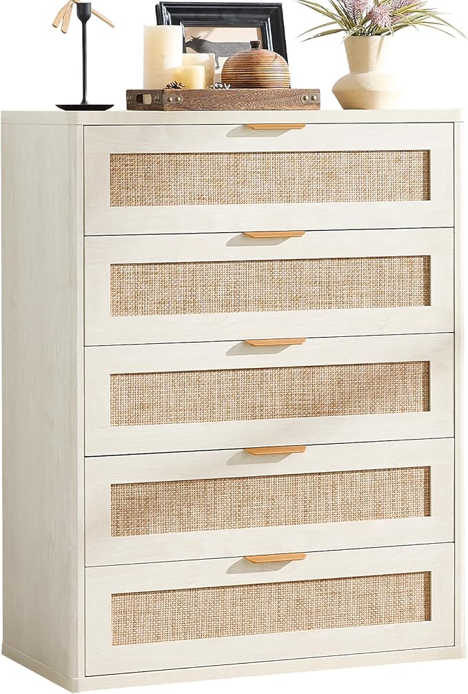 LEYAOYAO White Dresser for Bedroom, 41" Tall Chest of Drawers, Modern 5 Drawers Boho Rattan Dressers with Storage, Dresser Wooden Closet Organizer for Living Room, Hallway