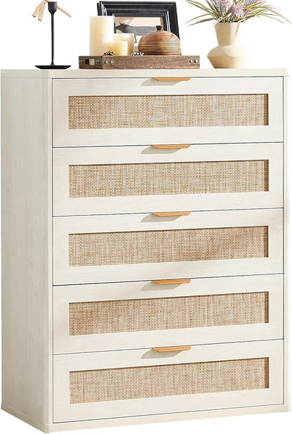LEYAOYAO White Dresser for Bedroom, 41" Tall Chest of Drawers, Modern 5 Drawers Boho Rattan Dressers with Storage, Dresser Wooden Closet Organizer for Living Room, Hallway
