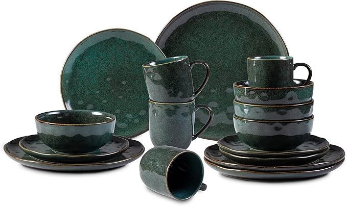 16-Piece Dinnerware Set Service for 4, Plates and Bowls Set, Microwave and Dishwasher Safe,Scratch Resistant, Green