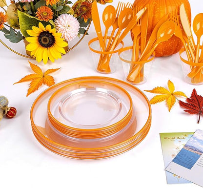 SUT 350Pcs Orange and Clear Plastic Dinnerware Set