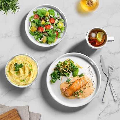 Zulay Kitchen Terra Stoneware Dinnerware Set, Artisanal Ceramic Plates and Bowls Set Crafted at 2300℉ - Service for 4, Frost White