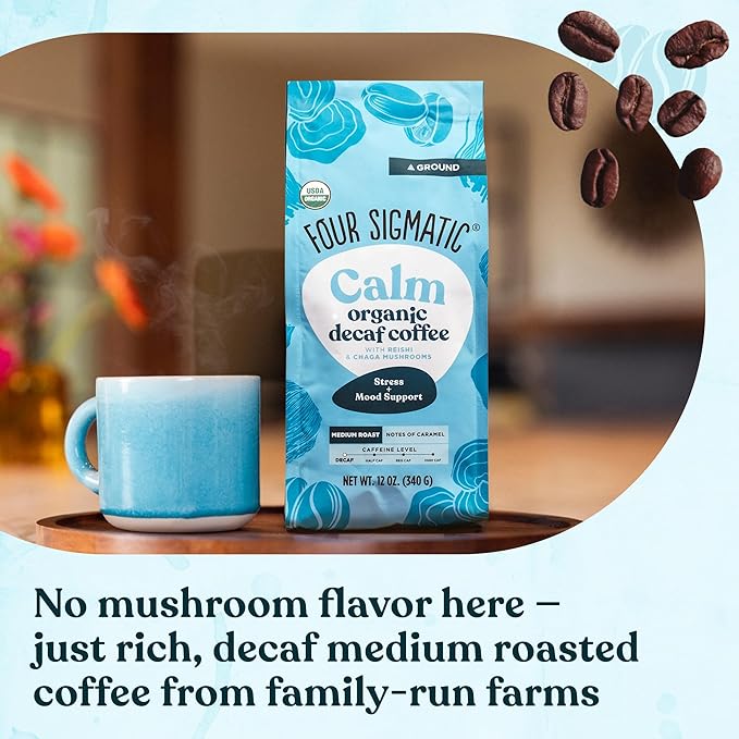Four Sigmatic Calm Organic Decaf Ground Coffee | Swiss Water Decaf Coffee with Chaga & Reishi Mushroom Extracts | 12oz Bag