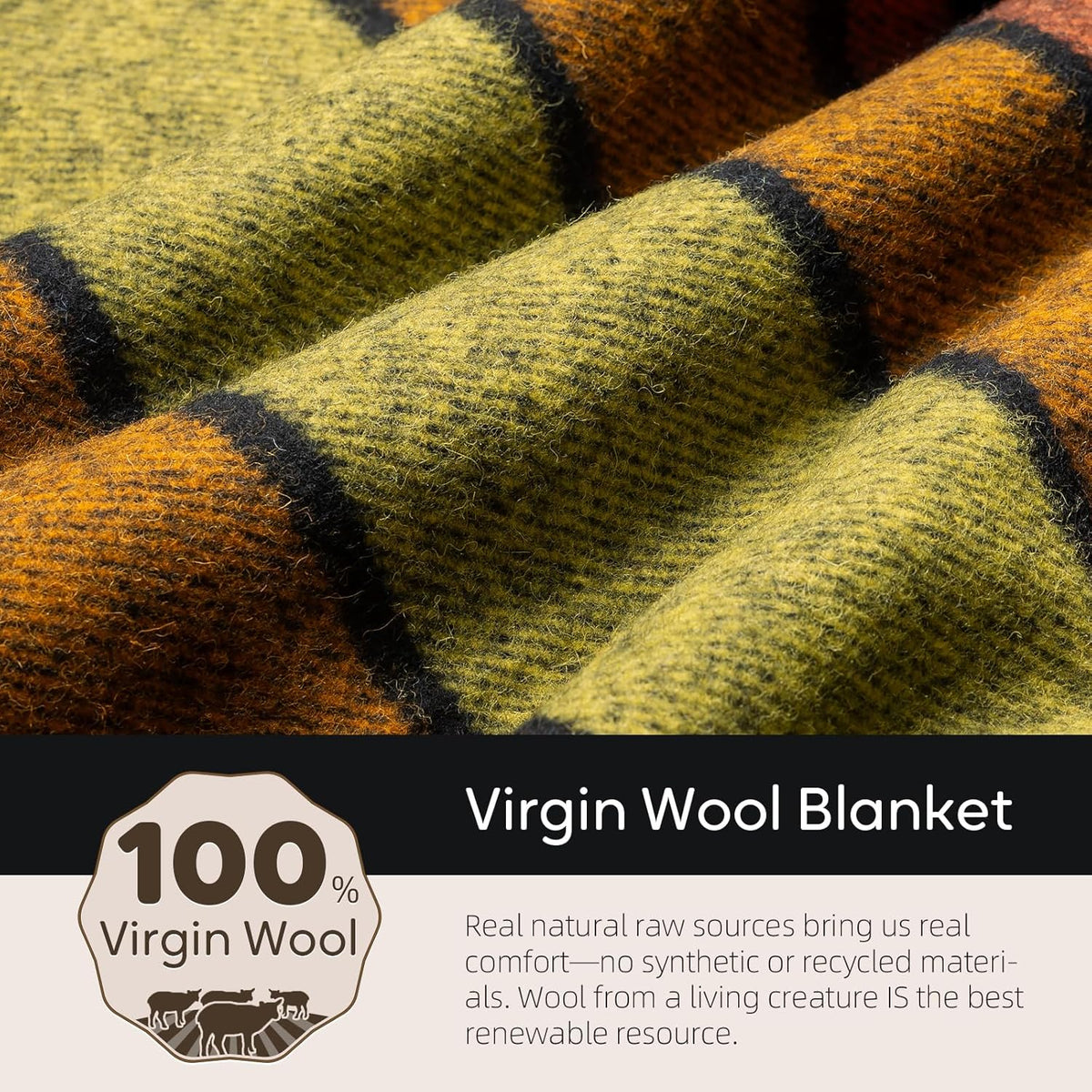 100% Wool Blanket, 62" x 86", Warm, Thick, Washable, Military Wool Blanket, Great for Camping, Outdoors, Sporting Events, Survival Kits