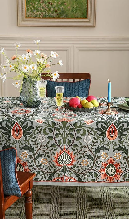 ISAENNE Designer Bohemian Linen Green Table Cloth for Rectangle Table,Floral Indoor Tablecloth,Stain Resistant Decor Tablecloths for Dining Thanksgiving Kitchen Party Christmas,55"*79"-Naples