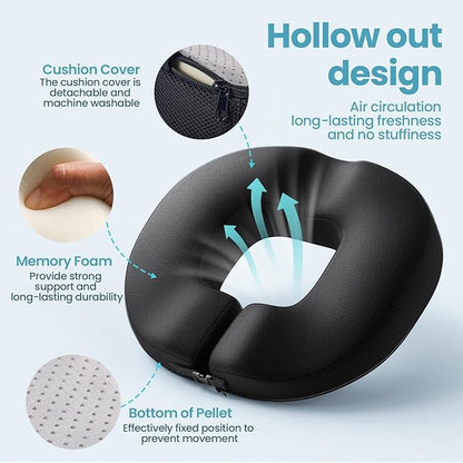 Benazcap Donut Pillow Seat Cushion for Tailbone Pain Relief, Strong Support Memory Foam Hemorrhoid Pillow by Ergonomic for Coccyx, Sciatica, Pregnancy, Postpartum