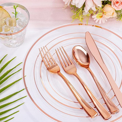 bUCLA 300PCS Clear Rose Gold Plastic Dinnerware - Rose Gold Disposable Dinnerware Set Include 50 Dinner Plates,50 Dessert Plates,50 Knives,50 Forks,50 Spoons,50 Cups for Party, Wedding & Mother’s Day