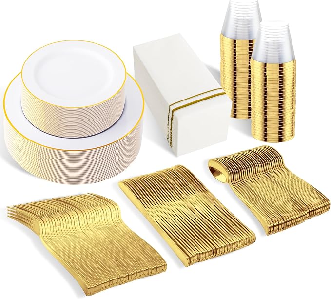 SUT 350 PCS Elegant White and Gold Disposable Dinnerware Set
